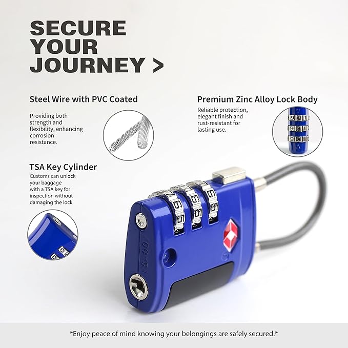 Combination TSA Locks for Luggage, Locker, Luggage Locks TSA Approved, Small Combo Cable Padlock with Code for Gym Locker, Suitcase, Gun Case, Backpack Bag Zipper, Storage Box, Travel Case