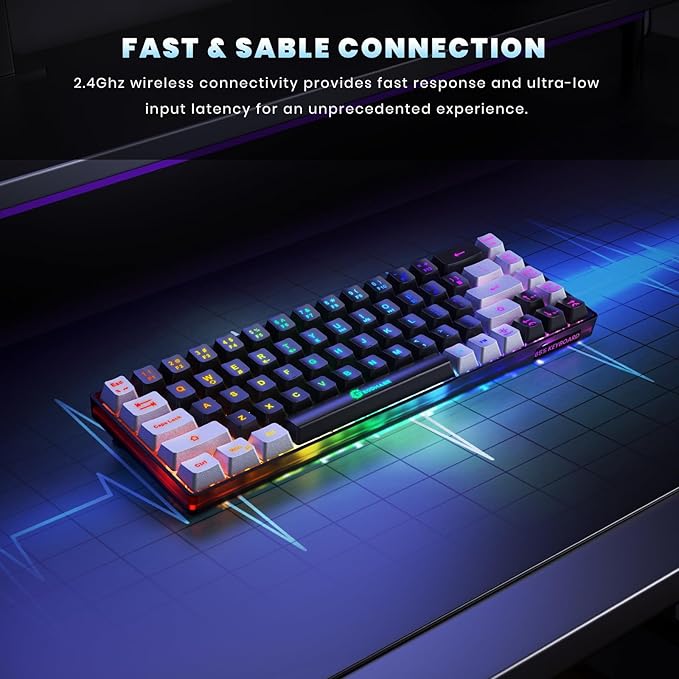 65% Wireless Gaming Keyboard, Rechargeable Backlit Gaming Keyboard, 68 Keys Ultra-Compact Anti-ghosting No-Conflict Wireless Keyboard for PC Laptop Windows Gamer(Black-Grey)