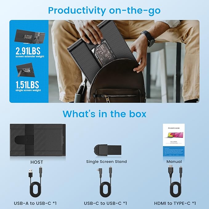 Laptop Screen Extender 15.6 inch, 1080P FHD Detachable Screen, Plug & Play, Screen Extender Portable Laptop for 13"-17.3" Laptops, Compatible with Windows, Mac, Chrome