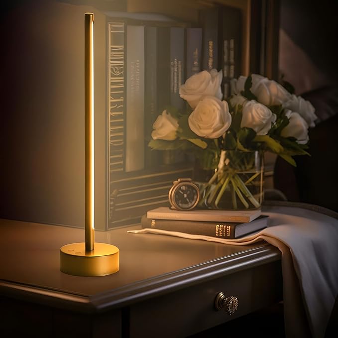 Cordless LED Table Lamp, Battery Operated Portable Desk Lamp,Dimmable/3 Color/Memory Function,Modern Rechargeable Table Light for Living Room,Bedroom,Bedside,Gold