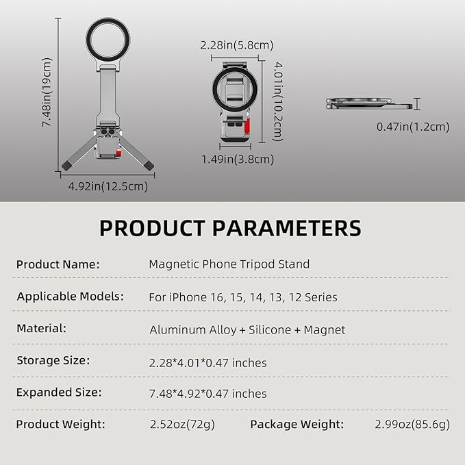 Magnetic Phone Tripod Stand for iPhone, Aluminium Lock Mini Tripod with Arca-Swiss, for MagSafe Smartphone Holder Quick Mount with 1/4'' Screw Hole and Cold Shoe for iPhone 17 16 15 14 13 12