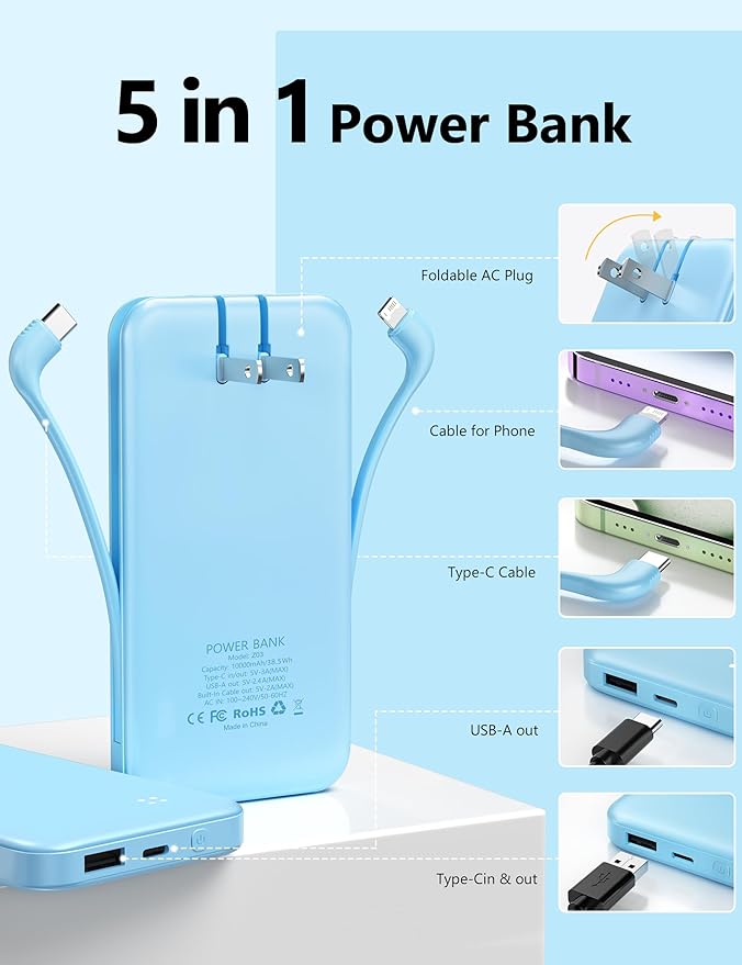 Alongza Portable Charger Built-in Cables and AC Wall Plug, Slim Fast Charging Power Bank 10000mAh, Lightweight USB C External Battery Pack Compact Travel Cell Phone Charger