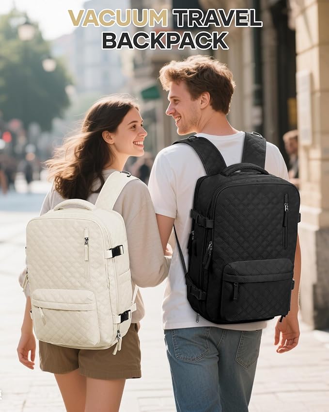 Vacuum Travel Backpack with Pump for Women,Personal Item Carry on Backpacks Flight Approved 18x14x8 inches for Men,Laptop Waterproof Work Compression bags Casual Daypack Beige.