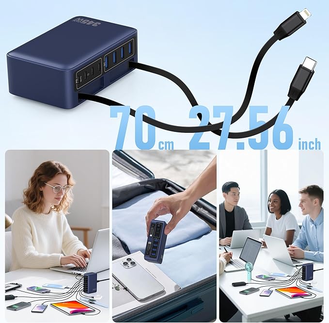 345W USB C Charger Block with 2 Built-in Retractable Cables,10-in-1 GaN IV USB C Charging Station,PD 65W Laptop Charger Power Adapter for MacBook Pro/Air,DELL,iPhone17/16/15/14,Galaxy S24,Android etc