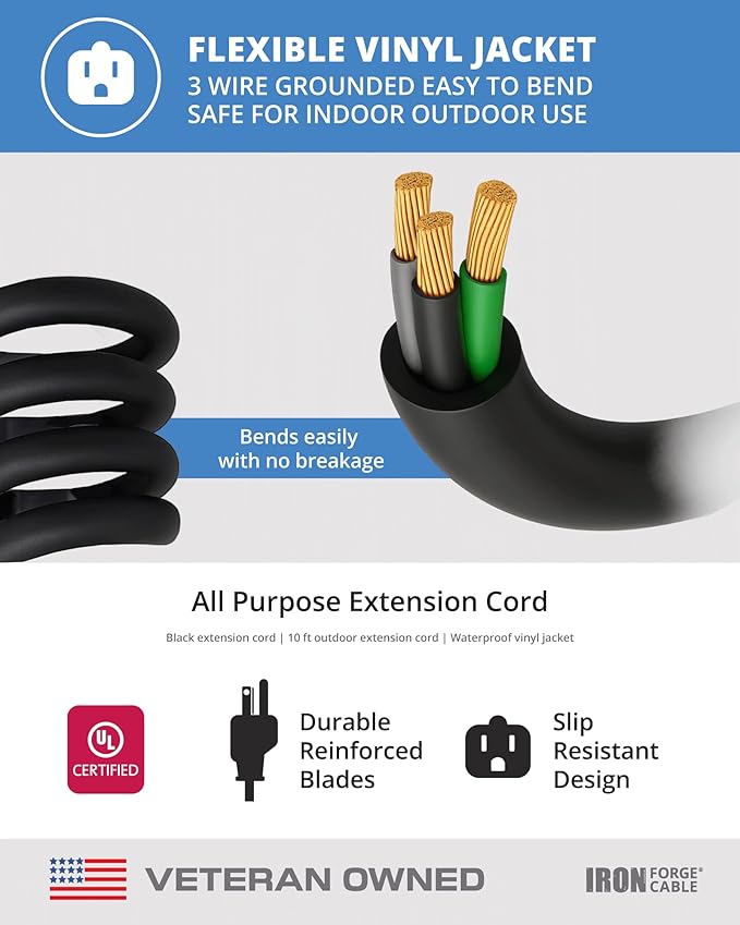 Iron Forge Cable 2 Pack 10 Ft Black Extension Cord, 16/3, 10 Foot Extension Cord, 3 Prong, Weatherproof - Great for Outside Use