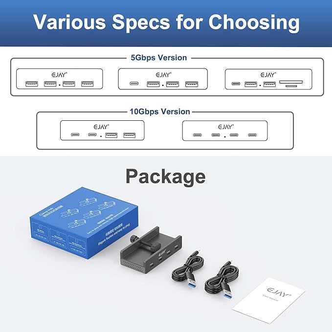 10Gbps USB C Hub - EJAY 4Ports Aluminum USB 3.2 Docking Hub Clamp Design for Desk/Computor with Extra Power Supply Port and 47inches Long Data Cable&39inches Power Cable (BJ-4C-BK)
