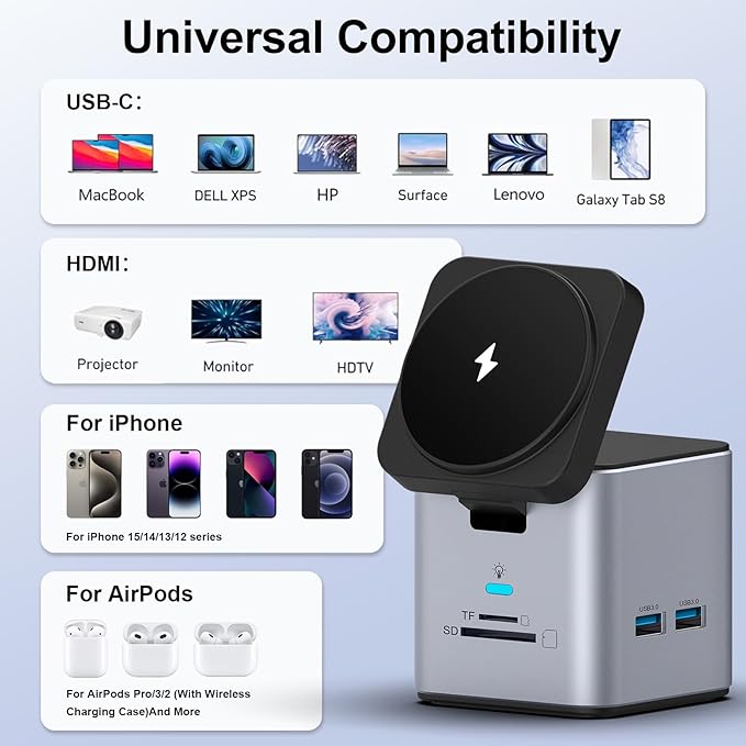 USB C Laptop Docking Station with MagSafe Charger Stand, 9 in 1 USB C Hub Multiport Adapter with 4K HDMI, 1Gbps Ethernet, 3 USB 3.0, SD/TF, Compatible with MacBook/Dell/HP/Lenovo/iPhone (Silver Gray)