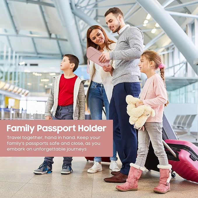 Travel Passport Wallets, Airtag Lightweight Family Passport Holder With RFID Blocking Passport Cover Case Waterproof Bag Document Organizer for Men and Women-pink