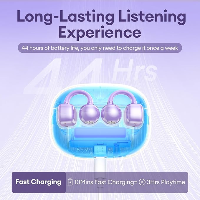 PAXA Bling Open Ear Clip On Earbuds with LED Display & Crystal Butterfly Earrings, Comfort Bluetooth 5.4 Wireless Ear Buds 50H Playtime for Women Girl Work, Fitness, Daily Wear, Gift, Purple