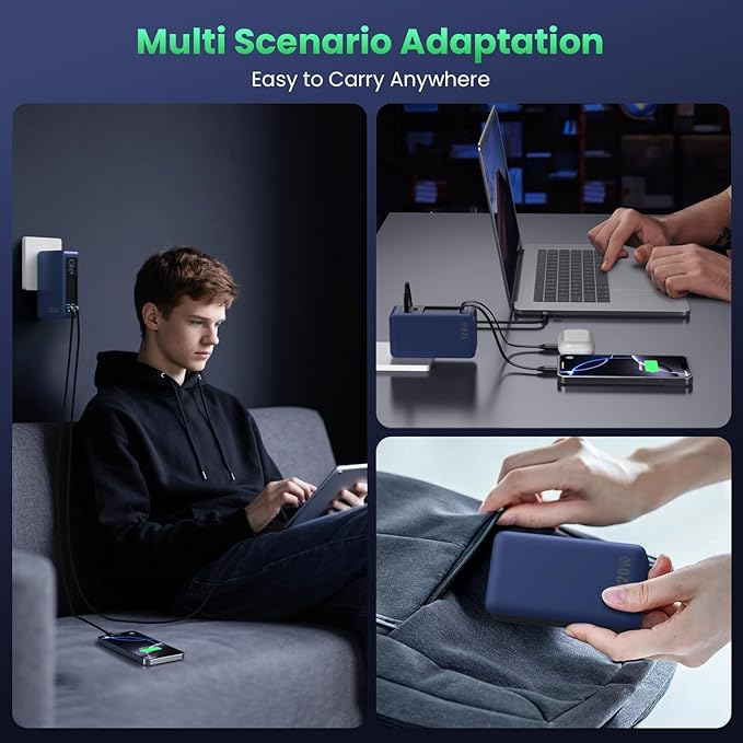 120W USB C Charger Block with 2 Built-in Retractable Cables,4-in-1 GaN IV Foldable Plug Wall Charger Fast Charging Station,PD 65W Laptop Adapter for MacBook/iPad,iPhone 16/15/14,Android (Dark Blue)