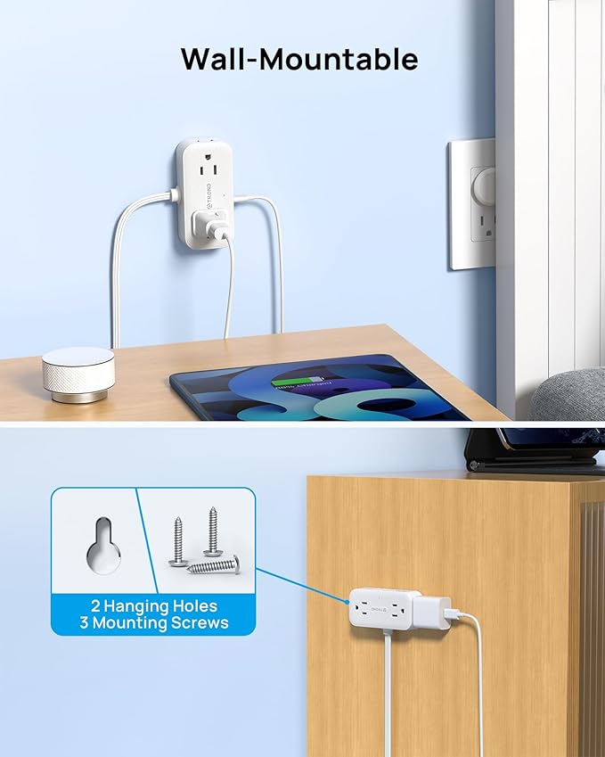 TROND Flat Plug Power Strip 3FT, Small Flat Extension Cord with Multiple Outlets, 4 AC and 4 USB Ports (2 USB C), Wall Mount 900J Surge Protector for Home Office Travel Dorm Room Essentials, White