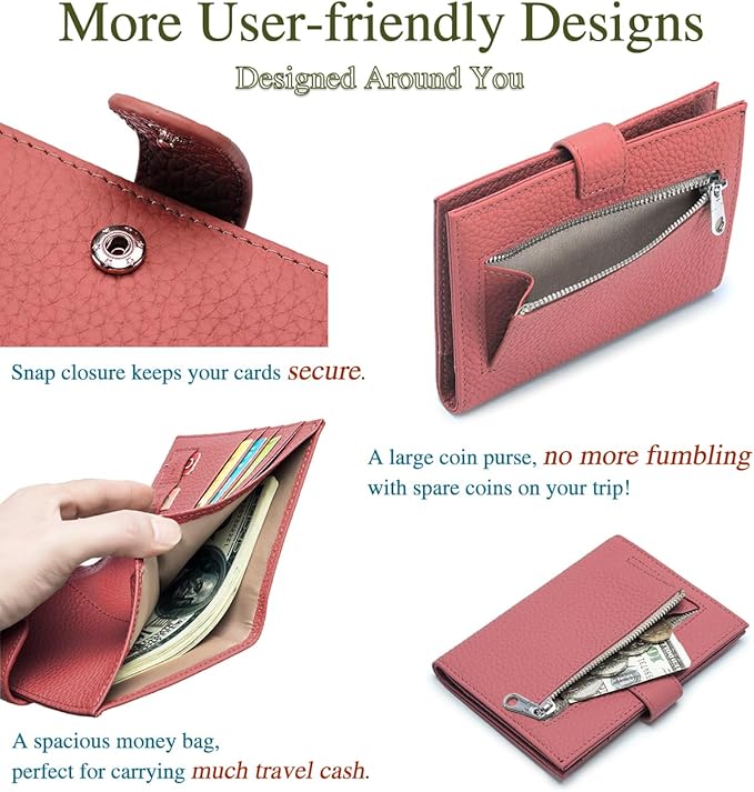 Slim Passport Wallet for Women – RFID Blocking Travel Holder with 1 Passport Slot & 3 Card Slots, Coin Pocket & SIM Slot – Genuine Leather Travel Organizer Brick Red