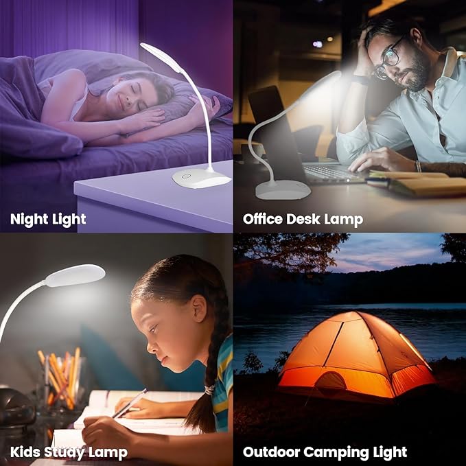 Battery Powered Desk Lamp, Portable Lamps Rechargeable 3 Color Modes Touch Control Stepless Dimming, Wireless Desk Lamp with 2000mAh, Small LED Table Light for Dorm Study Office Bedroom,2-Pack,White