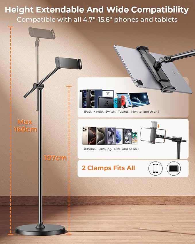 DIMONCOAT [Height-Adjustable & 360° Rotation Tablet Floor Stand Stable Base, Aluminum Alloy iPad Stand Floor Holder for iPad Mini Air Pro 12.9/9.7, Monitor, Kindle, iPhone 16, Cell Phones (4.7"-15.6")