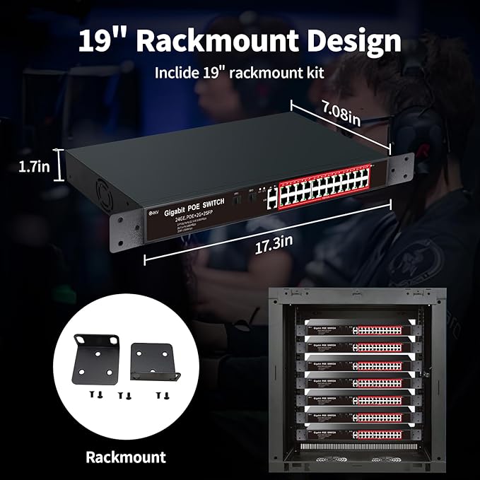 STEAMEMO 24-Port Managed Gigabit PoE+ Switch | 24×PoE+ Ports@360W, 2×Gigabit Uplinks, 2×SFP | VLAN, QoS, Port Mirroring | Metal Casing, Plug & Play | Overload Protection w/ Port