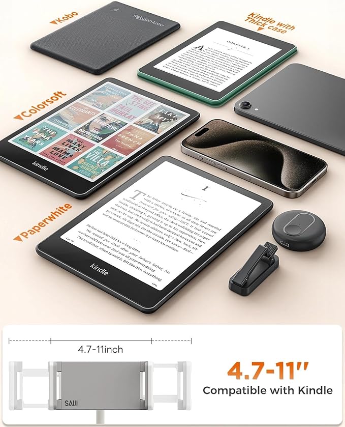 SAIJI Gooseneck Kindle Holder with Remote Page Turner, Tablet Holder for Bed, 100 cm Flexible Lazy Arm,Free Hands Kindle Accessories, Leather Tablet Stand for Reading in Bed, Gray