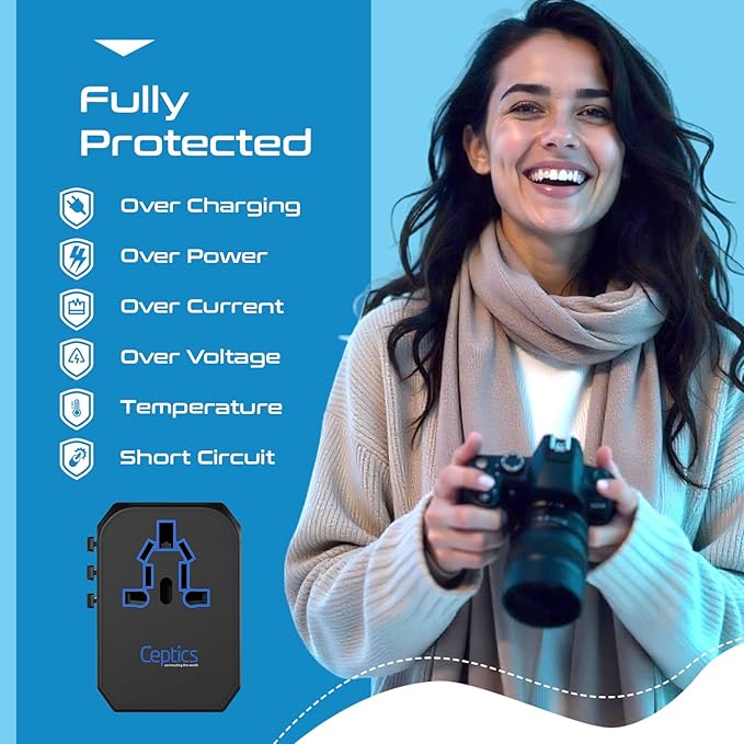 Ceptics International Power Adapter, World Travel adapter w/ PD 30W USB-C - 2 USB-A Ports Universal Adapter, Type A C G I Output for worldwide use, UP-10KU