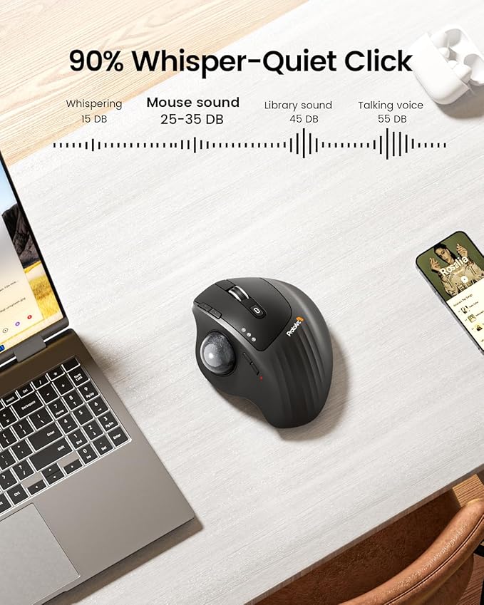 ProtoArc Wireless Trackball Mouse, EM01 NL Ergonomic Bluetooth Rollerball Thumb Rechargeable Computer Laptop Mouse, Adjustable Angle & 3 Device Connection for PC, Mac, Windows-Gray Ball