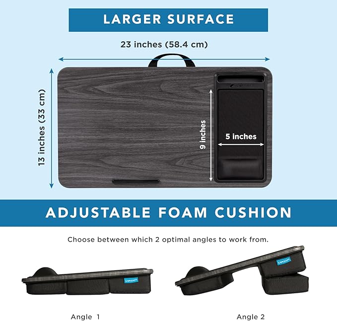 LAPGEAR Extra Large Adjustable Lap Desk with Gel Wrist Rest, Mouse Pad, Phone Holder, Device Ledge, and Booster Cushion - Gray Woodgrain - Fits up to 17.3 Inch Laptops - Style No. 88105