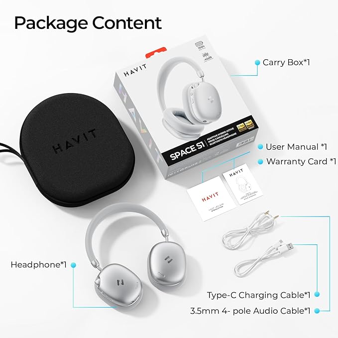 havit Hybrid Adaptive Active Noise Cancelling Headphones Wireless Space S1, Over Ear Headphones,Bluetooth 6.0, 100H Playtime, ENC, 3D Sound, Custom EQ via App, Travel, Office,Home,Silver