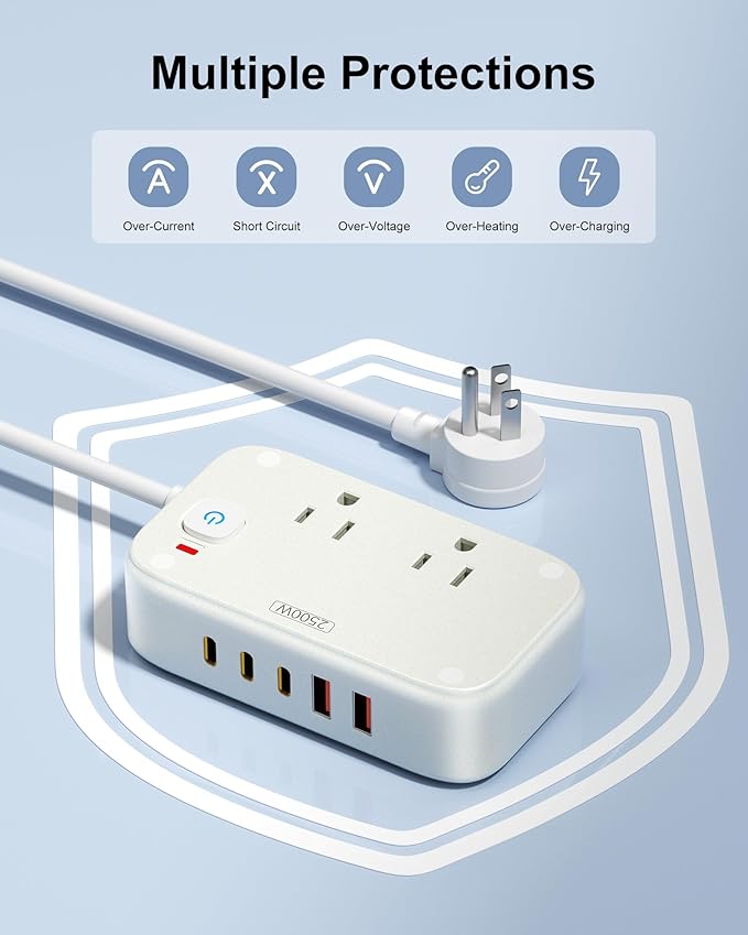 Power Strip with USB C - 40W Charging Station with 2 Outlets 3 USB A & 2 USB C - Charger for Multiple Devices, 5Ft Flat Plug Extension Cord, Non Surge Protector for Cruise Travel Office(White)