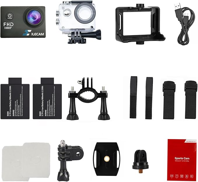 Action Camera 1080P 30fps Sports Camera 40m/131ft Underwater Waterproof with 2 Batteries and Multi-Function Accessory