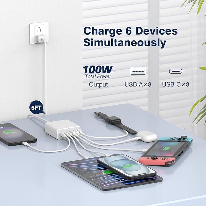 USB C Fast Charger Block,100W GaN 6 Port PD USB C QC USB A Wall Charger Type C Charging Station Hub Plug Cube Brick for iPhone 17 Pro Max/17 Air/16 Plus/15/14 Pro/13 Mini/iPad Pro 5ft Extension Cord