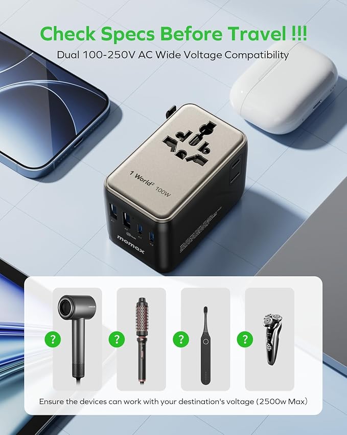 MOMAX Universal Travel Adapter, GaN 100W International Power Adapter, 2 AC, 2 USB-C PD Fast Charging & 2 USB-A QC, All-in-one International Plug Adapter for Travel European UK AUS JP