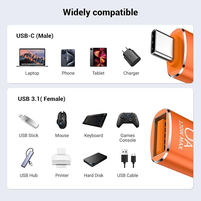 10 Pack 10Gbps/120W USB C to USB3.1 Adapter, Orange Type C Male to USB Female Adapter for Smartphone, PC, Laptop, Tablet, Keyboard etc.