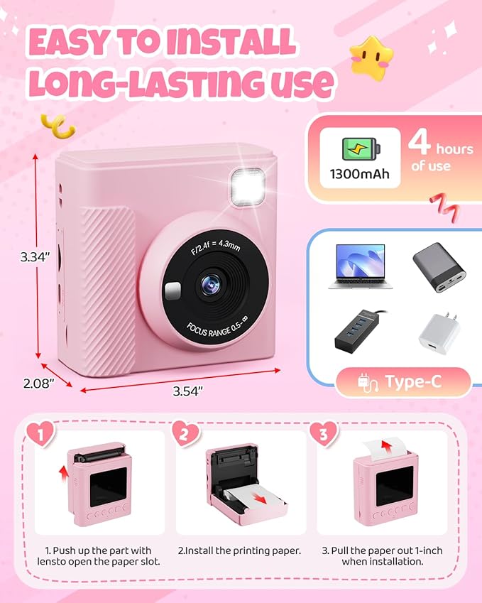 Kids Instant Print Camera, Christmas Birthday Gifts for Girls and Boys, 1080P HD Video Digital Kids Camera with Print Paper & 32G Card, Toddler Toy for 3-14 Years Old (Pink)