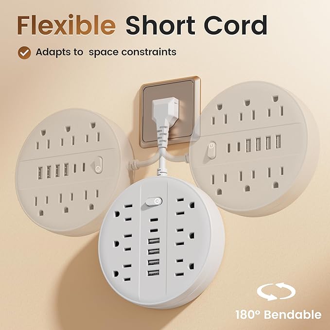 Flat Plug Power Strip Surge Protector, Chiefway Outlet Extender with Multiple Outlets, 6 AC Outlets, 4 USB Ports, 2 USB C & On/Off Switch, Short Extension Cord for Home Room Dorm Essentials, Travel RV