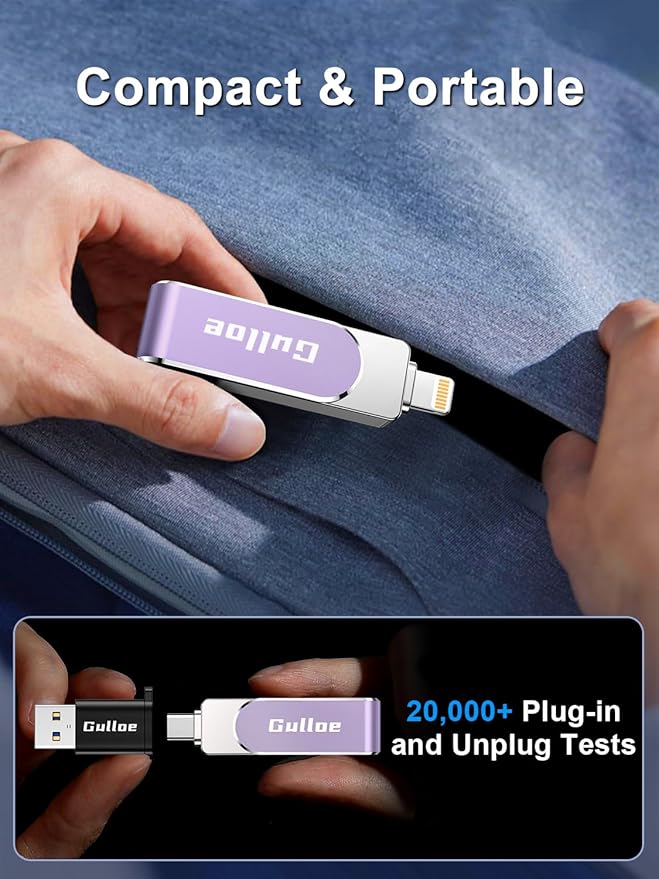 Gulloe 256GB Flash Drive Intended for iPhone, Memory Stick Storage for Photos and Videos Backup, Compatible with iPhone iPad Android PC, Plug and Play, No Application Required (Purple)