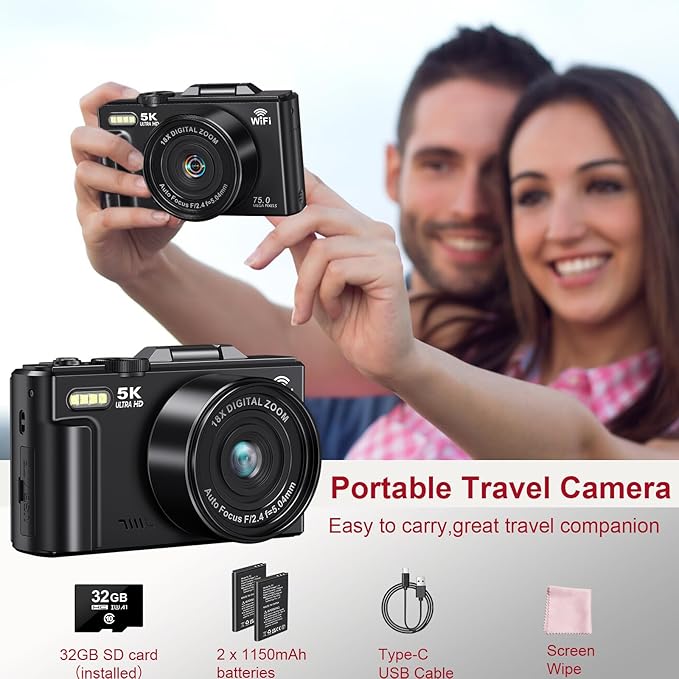 Digital Cameras for Photography - 5K 75MP Vlogging Camera for YouTube WiFi - UHD Autofocus Vlog Camera 3" 180° Flip Screen with 18X Zoom - Travel YouTube with 32GB SD Card, 2 Batteries