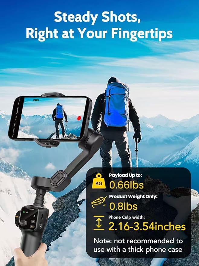 AOCHUAN 3-axis Gimbal Stabilizer w/Built-in 7.8' Extension Rod, Vlogging Phone Gimbal w/AI Tracking, Portable Smartphone Holder for iPhone w/Full-Screen OLED Display, Trigger Button Smart V8(Black)