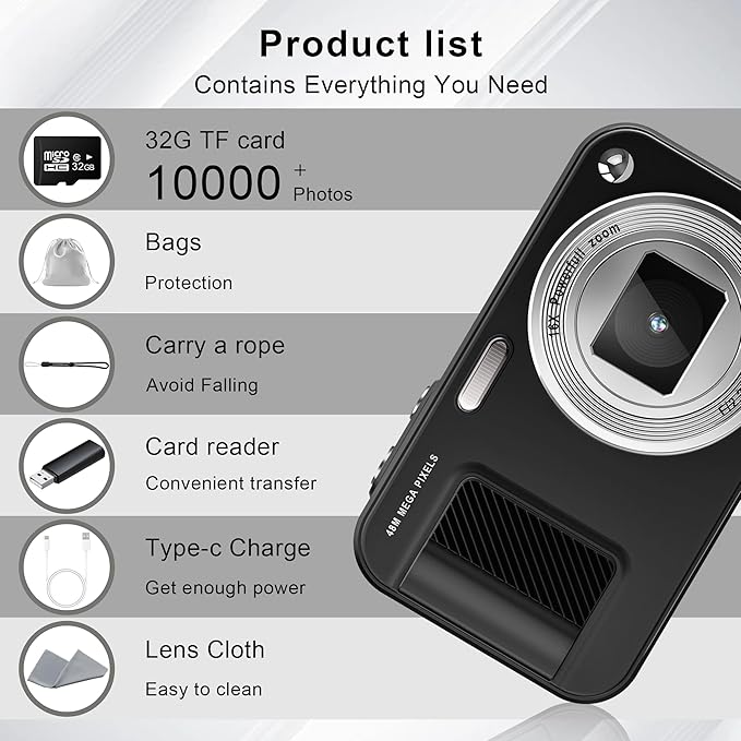 Digital Camera, Autofocus 48MP Kids Camera, FHD 1080P Point and Shoot Digital Cameras with 32GB Card, 16X Zoom Anti-Shake, Compact Camera with 1500mAh Batteries for Boys Girls Teens