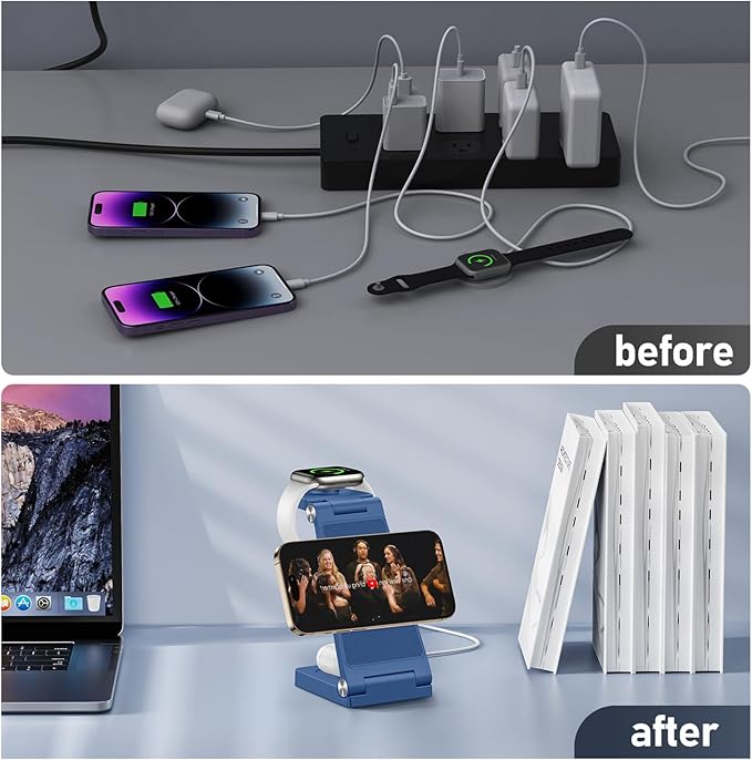 Magnetic Wireless Charger Stand, 3 in 1 Foldable Wireless Charging Station with 20W Adapter, Travel Charger for Multiple Devices for iPhone 17 16 15 14 13 12 Pro/Max/Plus/Mini, iWatch, AirPods