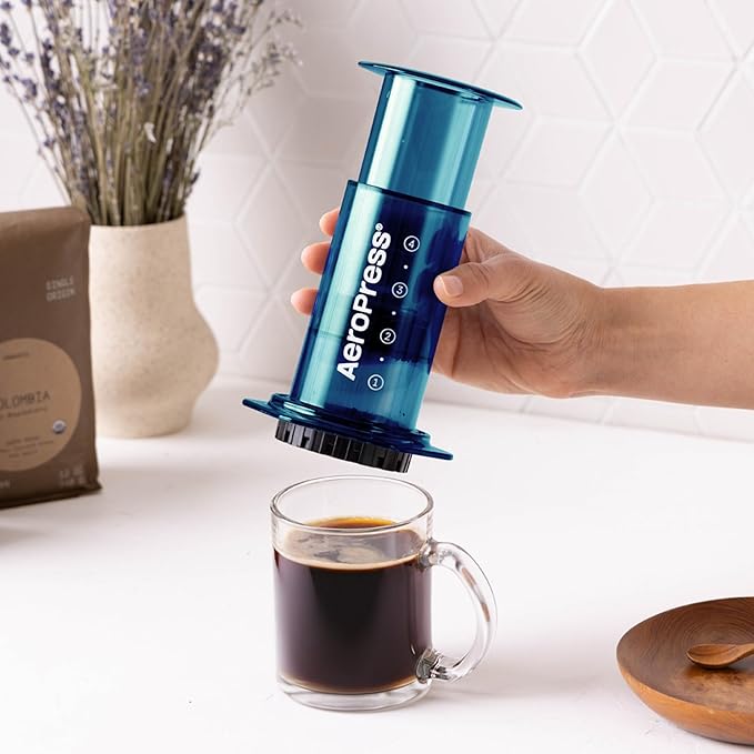 AeroPress Clear Blue Coffee Press - All-in-One French Press, Pour-Over & Espresso Style Manual Brewer, 2 Min Brew for Less Bitterness, More Flavor, Small Portable Coffee Maker, Travel & Camping