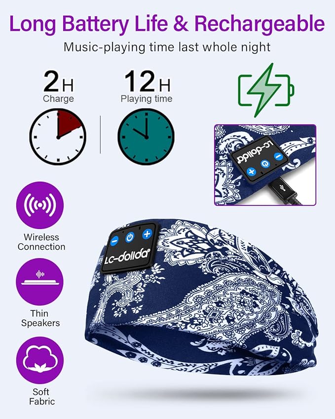 LC-dolida Sleep Headphones Bluetooth Headband Sleeping Wireless Headband Headphones with Thin HD Stereo Speakers Perfect for Side Sleepers, Sport, Yoga, Travel