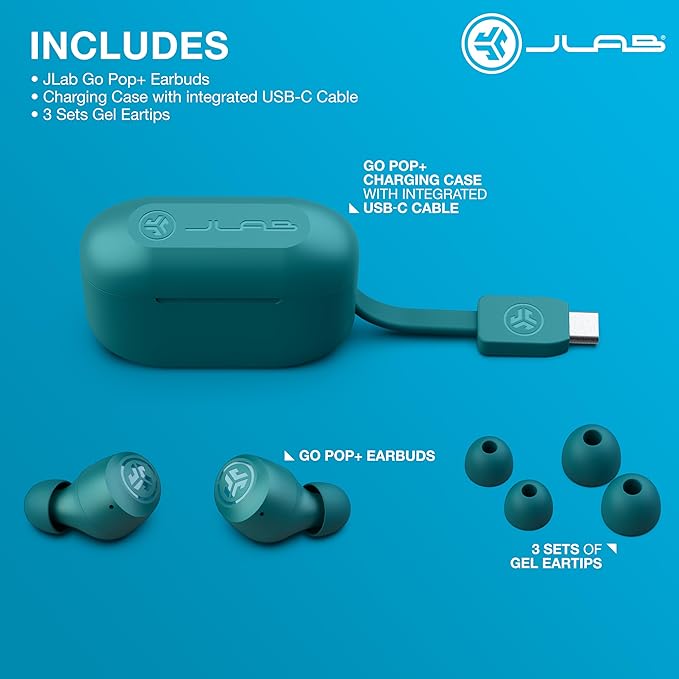 JLab Go Air Pop+ True Wireless Earbuds, in Ear Headphones, Bluetooth Earphones, 35H Playtime Ear Buds, Bluetooth Earbuds with Microphone, USB-C Charging Case, Dual Connect, EQ3 Sound, Teal