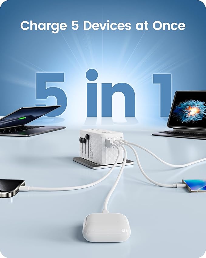 LENCENT 120W International Travel Adapter, Universal Travel Adapter with 1 QC USB-A & 3 PD3.0 Type C Power Adapter, Fast Charging for Phone,Laptops, All-in-One Outlet Adapter for USA/UK/EU/AUS, White