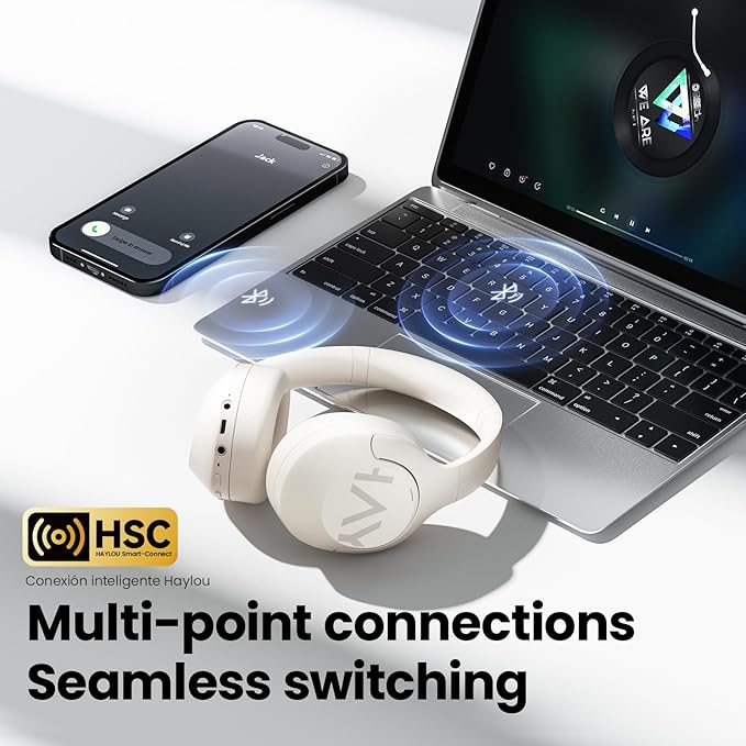 HAYLOU S30 Noise Cancelling Bluetooth Headphones, LDAC Hi-Res Audio, 5 HD Mics Call, 80H Playtime, Custom EQ via App, Bluetooth 5.4 Multipoint Connect, Wireless Headphones Over Ear, White