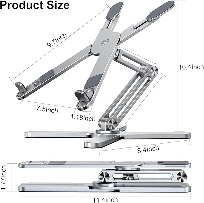 Adjustable Laptop Stand with 360 Rotating Base, Aluminum Laptop Riser for Desk Foldable, Ergonomic Notebook Stand Holder Compatible with iPad and MacBook/All Laptops up to 16 inches - Silver