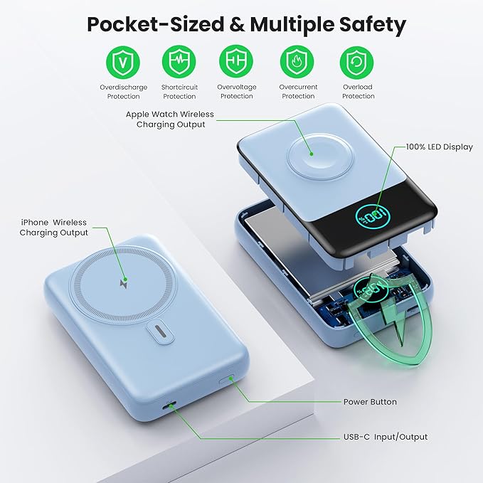 Magnetic Portable Charger for iPhone, 3-in-1 10800mAh Qi2 15W Wireless Power Bank with iWatch Charger,30W PD Fast Charging USB-C LCD Display Battery Pack for Magsafe,iPhone 16/15/14/13/12, Apple Watch