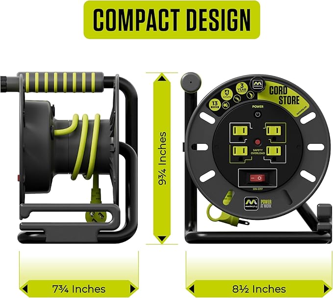3ft Cord Reel, Retractable Extension Lead with Winding Handle, Safety Overload Circuit Breaker and Power Switch, 4x Grounded Outlets, 13amps, 14AWG Cable
