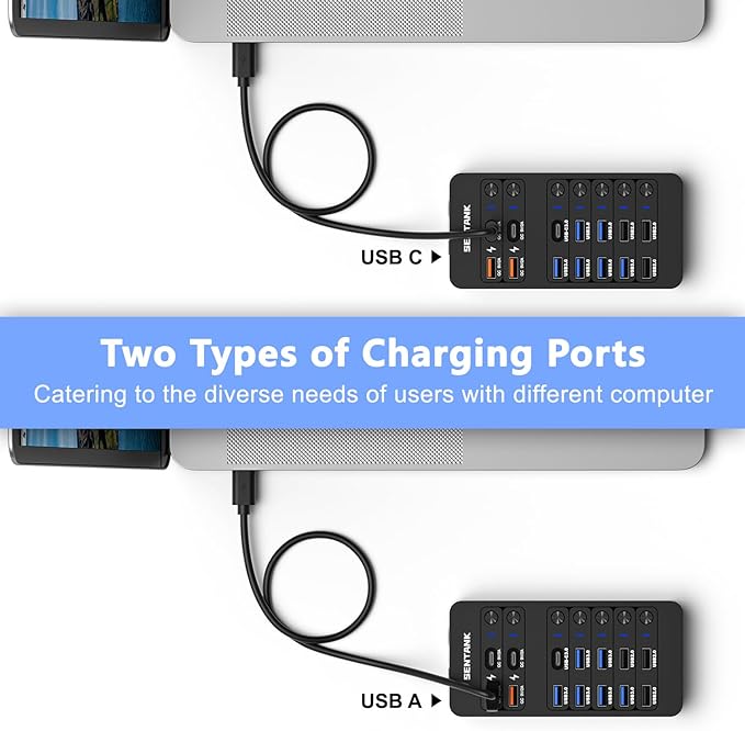Powered USB Hub,14 Ports USB Data Hub Splitter with 6 USB 3.0 Port,4 Charging Port,1 USB-C 3.0 Data Port,1 PD 60W Charging Port w LED Individual On/Off Switches for MacBook,Mac Pro,Laptop/PC