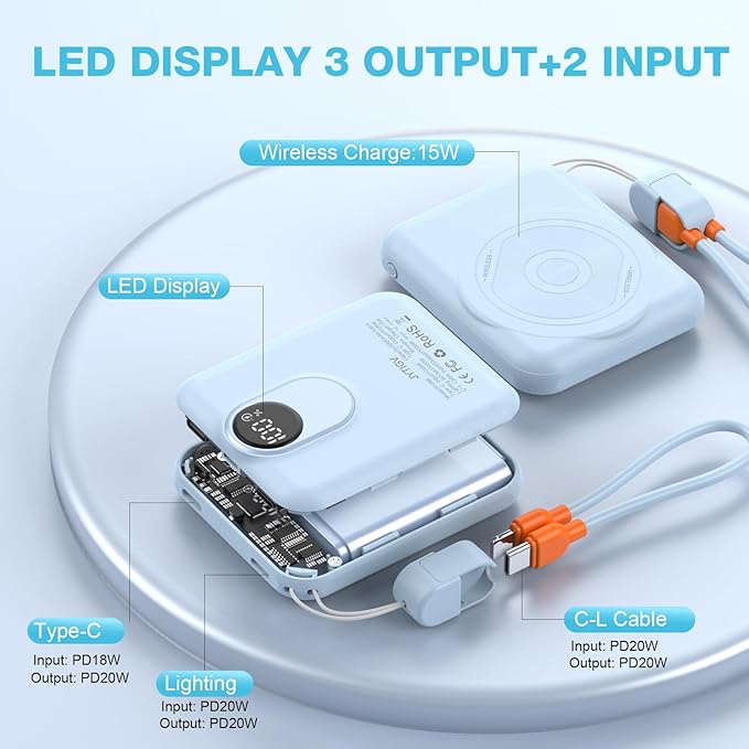 Small Magnetic Power Bank,5000mAh Mag-Safe Battery Pack with 20W Fast Charging Detachable USB C&iOS Cable,with LED Display,Slim Wireless Portable Charger for iPhone16/15/14/13/12 Series (Blue)