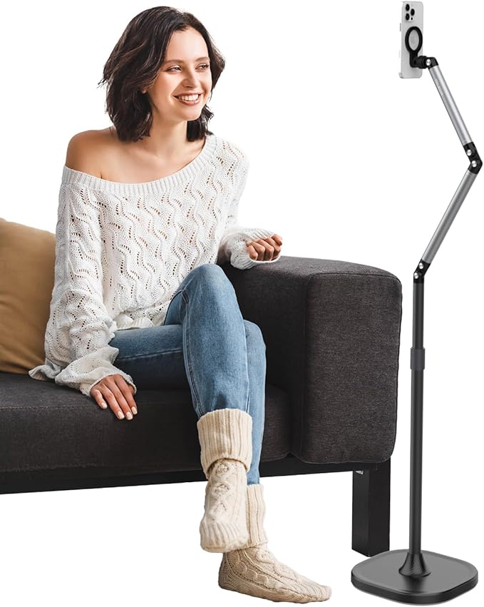 TELESIN° Magnetic Phone Tablet Floor Stand, Aluminum Alloy Phone Holder Stand for Video Recording, Overhead Bed/Sofa Phone Mount Height Adjustable Ultra Stable Base for Magsafe/iPhone/Android/iPad