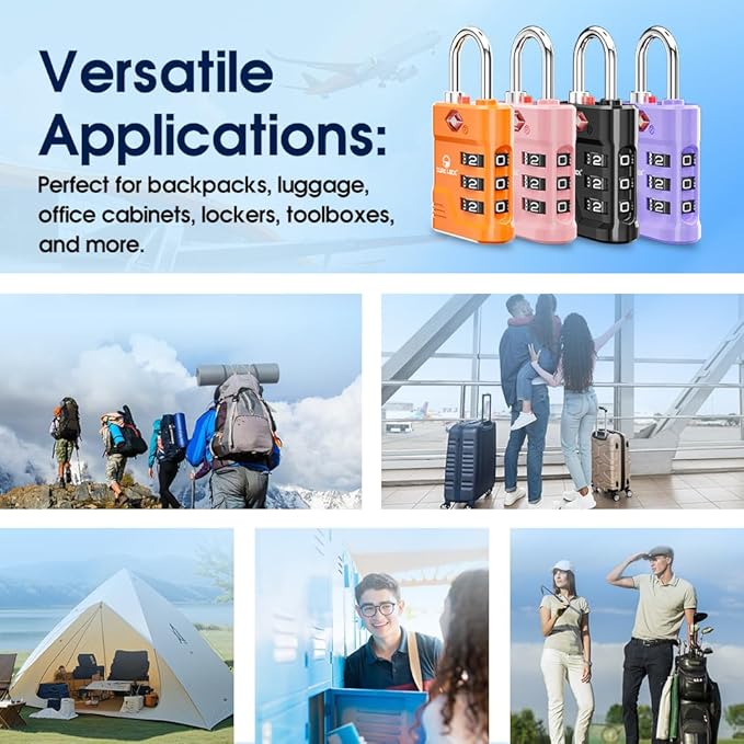 SURE LOCK TSA Locks for Luggage, TSA Approved Luggage Locks with Open Alert, TSA008 Key for High Security, Easy Read Dials, Zinc Alloy Body, Locker Lock for Suitcase, Gym, Travel(Pink 1 pk)