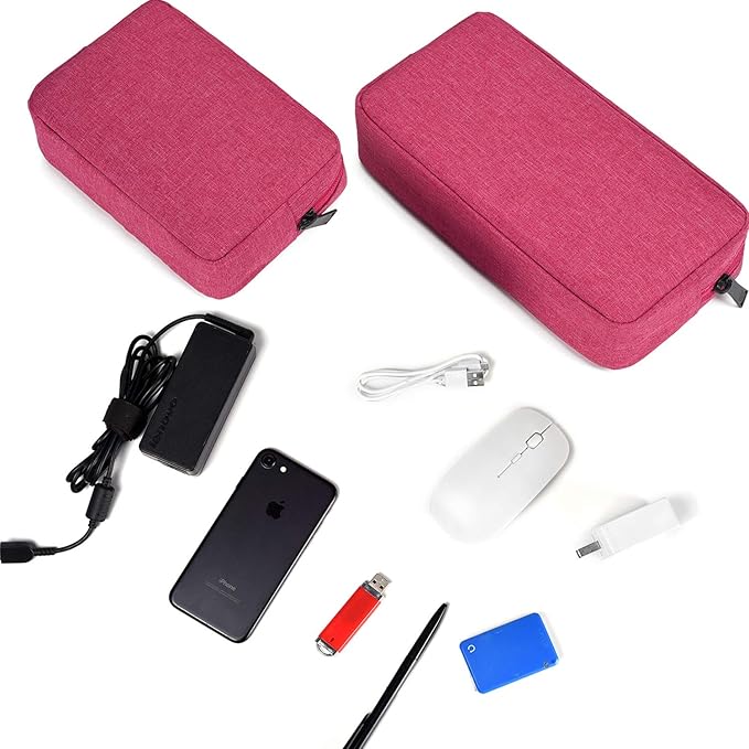 Electronics Accessories Bag, Waterproof Electronics Accessories Travel Case Compatible Laptop Charger Various USB, Cables, Cords and Power Travel Gadget Carry Bag, Rose Red (Small+Big)