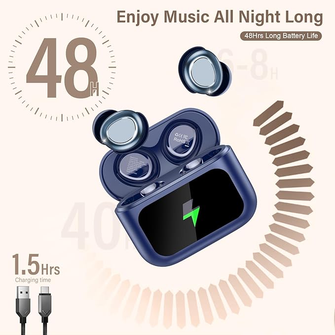 Sleep Earbuds Bluetooth 5.4 in Ear Touch Screen Sleep Headphones, Small Design Mini Sleep Earbuds for Side Sleepers with Sleep Mode, 48H Playtime Sleep Earphones Clear Calls, 5 EQ Modes, Blue